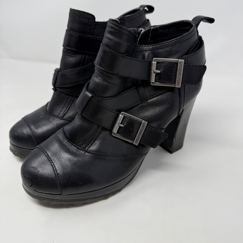 Harley-Davidson Black Leather Buckle Strap Block Heel Platform Ankle Boots
